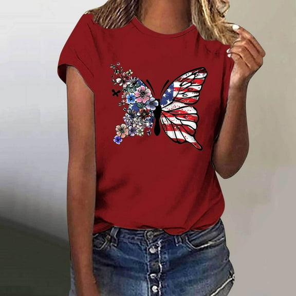 BRGZLK Women's Round Neck T-Shirts American Independence Day Gift Tees Loose Casual Round Neck Short Sleeved Tops Red S