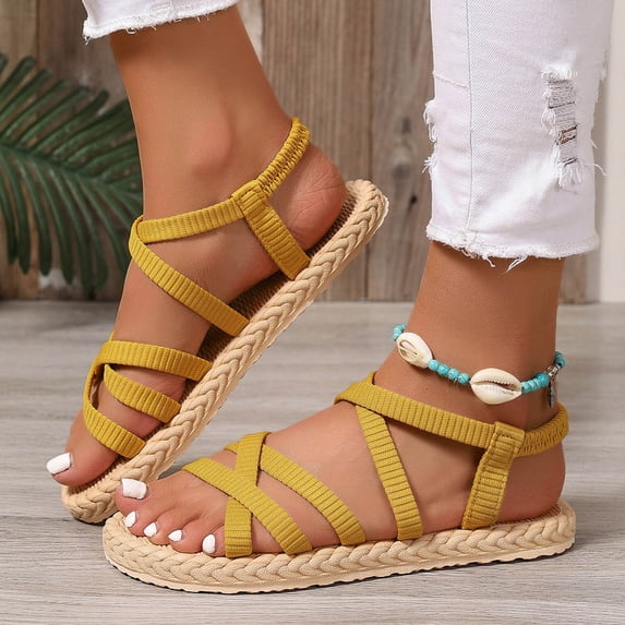 BRGZLK Women's Sandals 2026 Fashion Casual Straw Woven Sole Shoes Summer Trendy Lightweight Comfortable Beach Flat Sandals Yellow 7