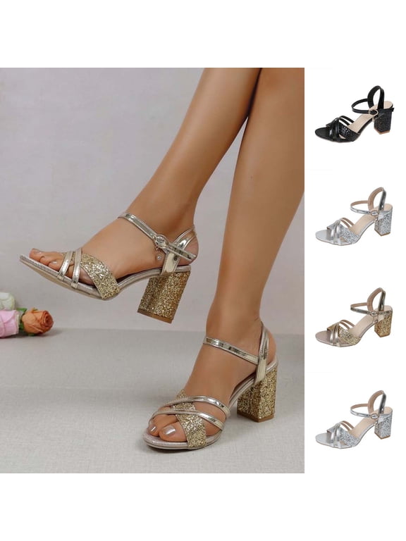 Women 's Sandals Open Toe Ankle Strap Low Block Chunky Casual Versatile Oversized Solid Color Party Wedding Dress Pumps High-Heeled Buckle Shoes