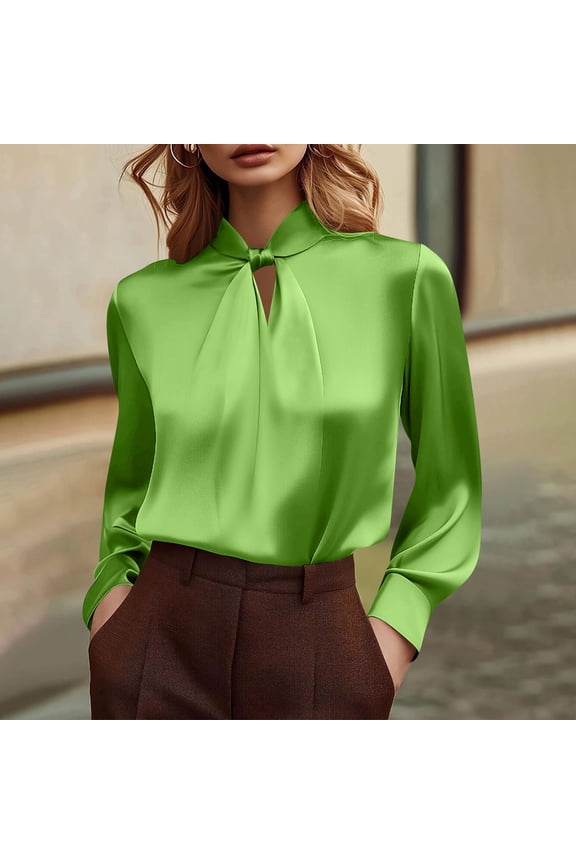 Women's Satin Blouse Casual Fashion Notched Neck Solid Color Twist Detail Long Sleeve Satin Top Business Casual Spring Summer Shirt Green XXL