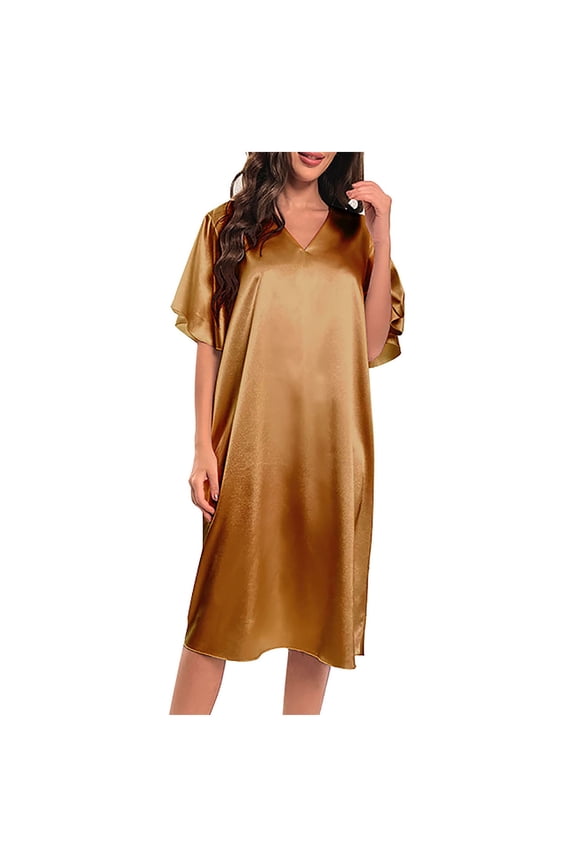 Women's Satin Nightshirt Sleepshirt Silk 3/4 Sleeve Nightgown Boyfriend Notch Collar Sleepwear NightRobe Gold Free Size