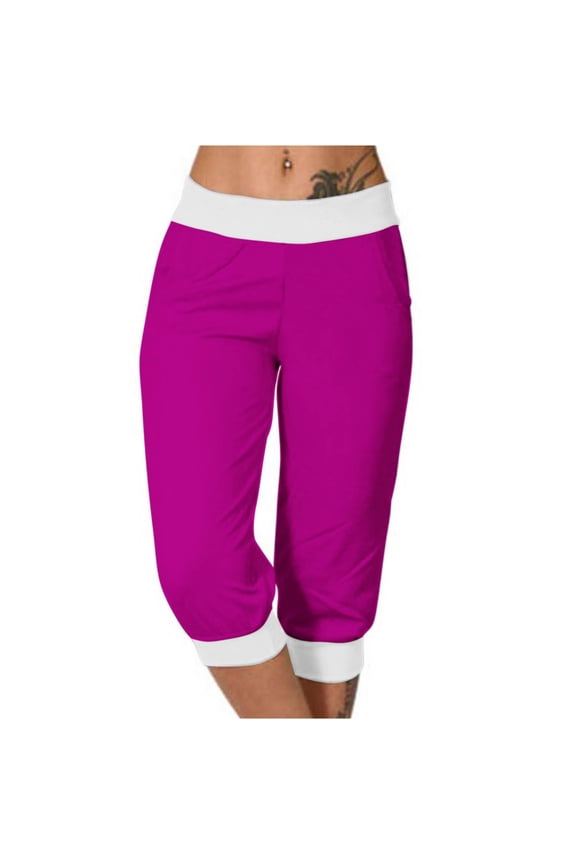 Women's Seven Points Pants Color Blocking High Waist Soft Comfy Stretcht Sports Casual Pants with Pocke Hot Pink L