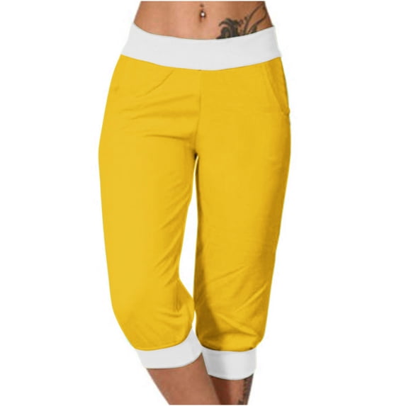 BRGZLK Women's Seven Points Pants Color Blocking High Waist Soft Comfy Stretcht Sports Casual Pants with Pocke Yellow M