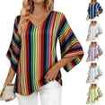 thumbnail image 1 of BRGZLK Women's Short Shirts Fashion Stripe Printed Elegant V Neck 3/4 Sleeve Summer T-Shirt Casual Loose Fit Beach Vacation Tops, 1 of 5