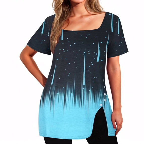 BRGZLK Women's Short Sleeve Square Neck Tops Novel Fashion Print Side Button Design Slit Hem Loose Fit T-Shirt Tops Modern Design Casual Outfits Blue XXL