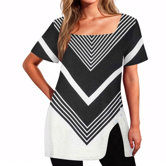 BRGZLK Women's Short Sleeve Square Neck Tops Novel Fashion Print Side Button Design Slit Hem Loose Fit T-Shirt Tops Modern Design Casual Outfits White L