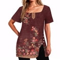 thumbnail image 1 of BRGZLK Women's Short Sleeve Square Neck Tops Novel Fashion Print Side Button Design Slit Hem Loose Fit T-Shirt Tops Modern Design Casual Outfits Wine XXL, 1 of 4