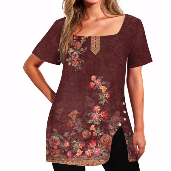 BRGZLK Women's Short Sleeve Square Neck Tops Novel Fashion Print Side Button Design Slit Hem Loose Fit T-Shirt Tops Modern Design Casual Outfits Wine XXL