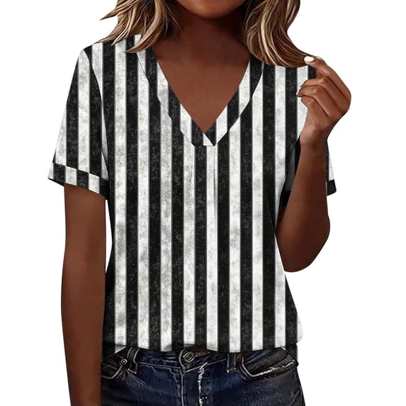 BRGZLK Women's Short Sleeve V Neck T Shirts Cute Floral Printed 2026 Summer Casual Pleated Loose Top