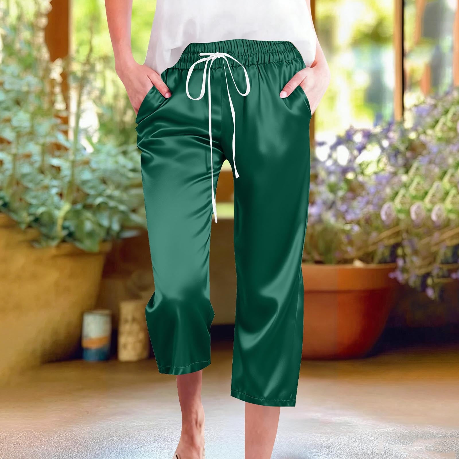 BRGZLK Women's Silk Satin Pants Summer Fashion Solid Color Drawstring — free download