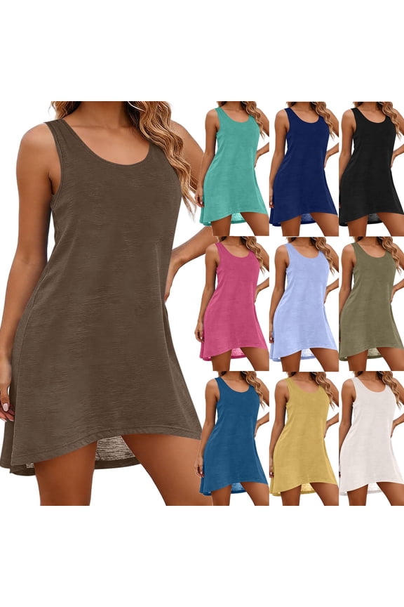 Women's Sleeveless Racerback Swing Dress Summer Casual Solid Color T Shirt Dresses Beach Cover Ups Basic Solid Plain Tank Dress