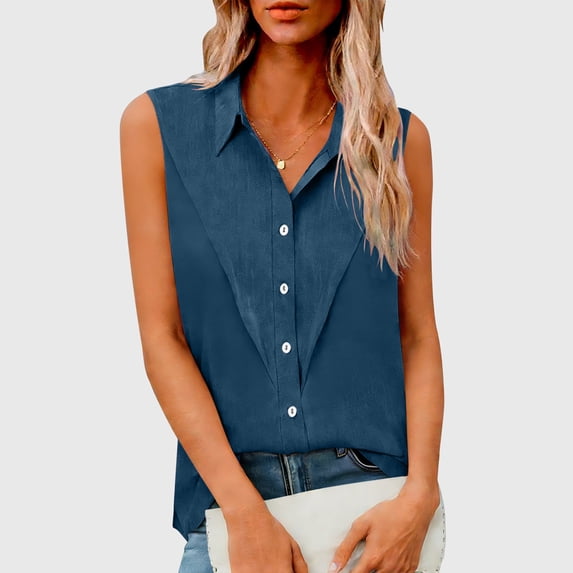 BRGZLK Women's Sleeveless Shirts Summer Fashion Solid Color Linen Button Down Lightweight Breathable Comfy Dressy Casual Loose Fit Office Tank Tops Dark Blue L