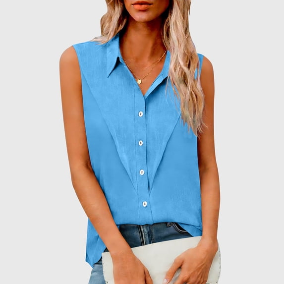 BRGZLK Women's Sleeveless Shirts Summer Fashion Solid Color Linen Button Down Lightweight Breathable Comfy Dressy Casual Loose Fit Office Tank Tops Sky Blue 4XL