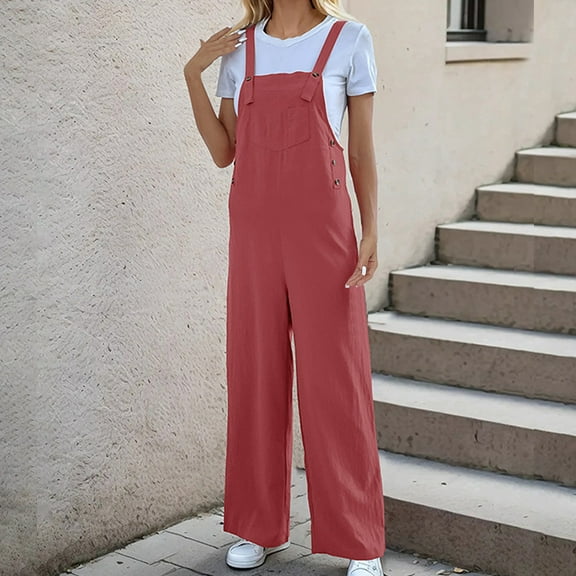 BRGZLK Women's Sleeveless Straps Baggy Jumpsuit Fashion Casual Comfortable Solid Button Full Length Pants Overalls Jumpsuit Red XL