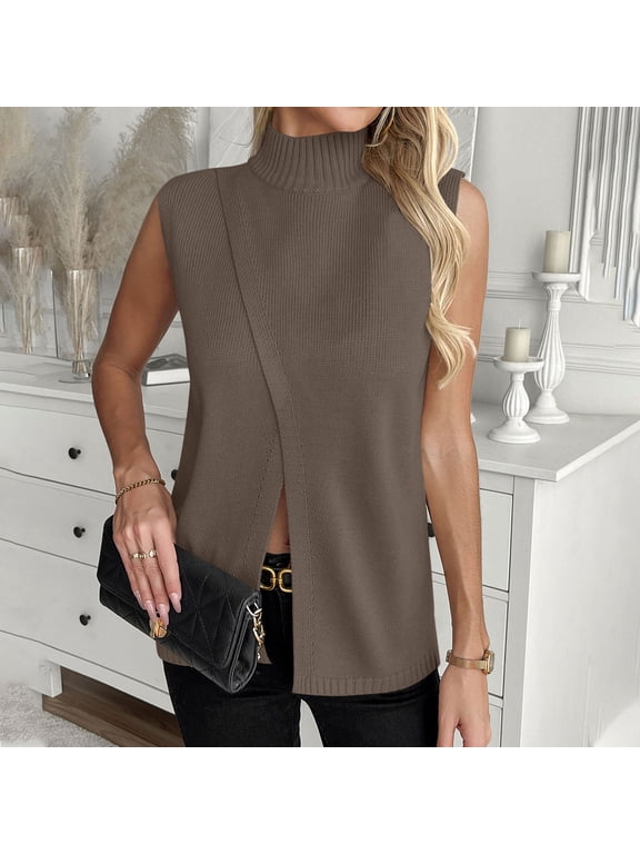 Women's Sleeveless Sweater Vest Summer Trendy Split Front Mock Neck Lightweight Ribbed Knit T-shirt Business Casual Pullover Going Out Tops Brown XL