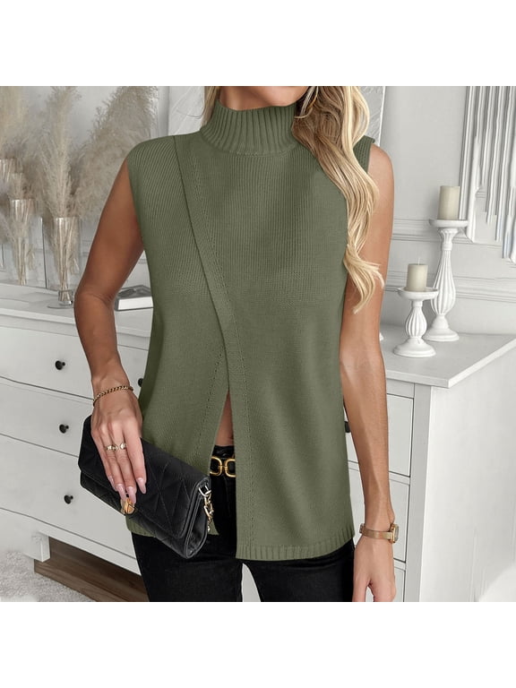 Women's Sleeveless Sweater Vest Summer Trendy Split Front Mock Neck Lightweight Ribbed Knit T-shirt Business Casual Pullover Going Out Tops Green L