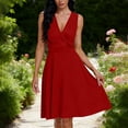 thumbnail image 1 of BRGZLK Women's Sleeveless V Neck Dress Solid Color Sleeveless Fitted Vintage Swing A Line Ruched Waist Business Elegant Midi Dress with Pockets Red XL, 1 of 5