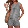 thumbnail image 1 of BRGZLK Women's Sleeveless Vest Fashion Checkered Print Round Neck Sleeveless Vest Strap Pocket Shorts 2-Piece Set, 1 of 2