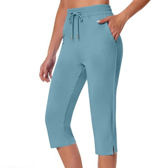 BRGZLK Women's Solid Color Capri Pants Drawstring Elastic Waist Loose Soft Casual Capris with Pockets, Sweatpants Yoga Pants for Summer Daily 2026 Light Blue M