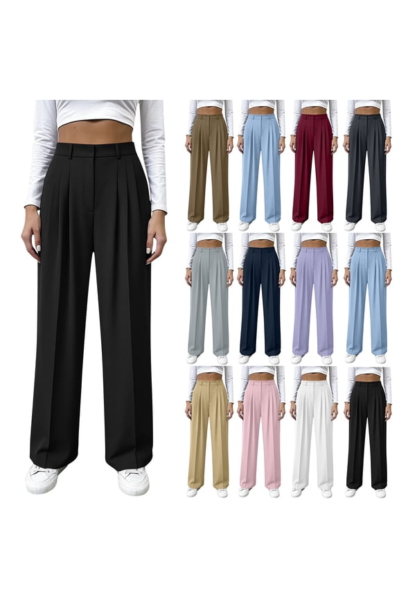Women's Solid Color Pants Straight Wide Leg Stretchy Work Pant High Waisted Pleated Solid Pull On Business Trousers with Pockets