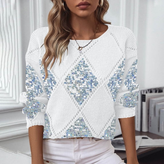 BRGZLK Women's Solid Pullover Loose And Fashionable Hollow Sequin Knit Sweater Long Sleeved Round Neck Sweater Top White S
