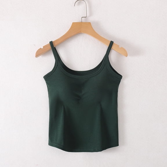 BRGZLK Women's Spaghetti Straps Top Fashion Solid Color With Chest Pad No Steel Rings Bottom Underwear Cute Summer Slim Fitted Cropped Camisole Green L