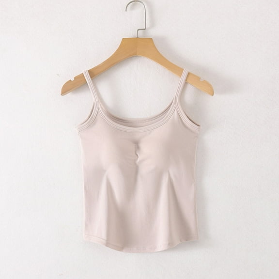 BRGZLK Women's Spaghetti Straps Top Fashion Solid Color With Chest Pad No Steel Rings Bottom Underwear Cute Summer Slim Fitted Cropped Camisole Khaki XL