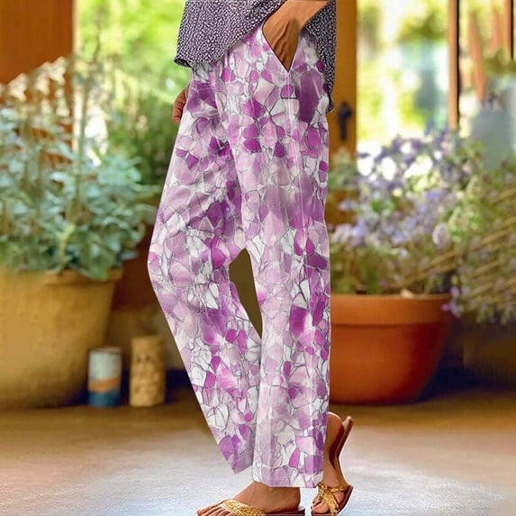 BRGZLK Women's Straight Leg Pants Plus Size Summer Trendy Printed Elastic Waist Rolled Simple Beach Trousers Purple L