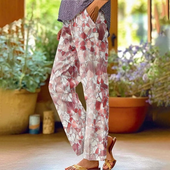 BRGZLK Women's Straight Leg Pants Plus Size Summer Trendy Printed Elastic Waist Rolled Simple Beach Trousers Red L