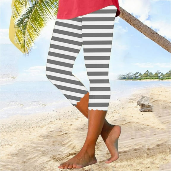 BRGZLK Women's Stretchy Pants Casual Comfy High Waist Summer Stripe Print Slim Base Layer Seven Points Pants for Summer 2026 Gray M