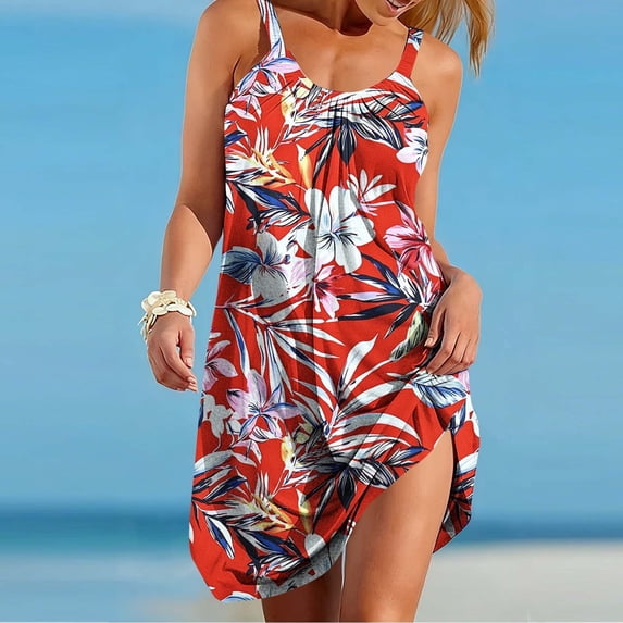 BRGZLK Women's Summer Dresses 2026 Fashion Vacation Beach Loose Comfortable Hawaiian Print V-Neck Breathable Pleated U Neck Casual Halter Swing Tank Dresses Red L