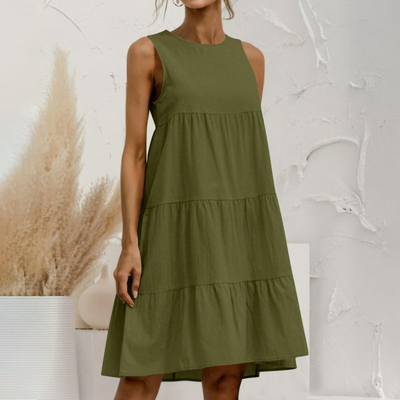 BRGZLK Women's Summer Dresses Fashion Sleeveless Ruffle Boho Flowy Plus Size Linen Loose Round Neck Solid Color Knee Length Dress Army Green L