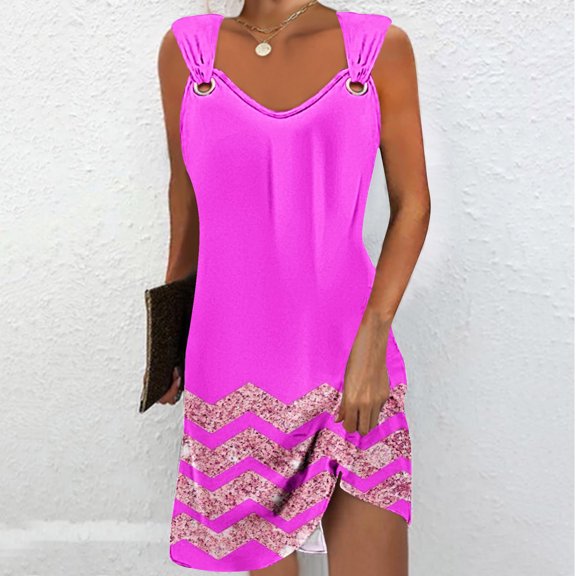 BRGZLK Women's Summer Dresses Ripple Print Trendy Beach Vacation Sleeveless Straps V Neck Dress Casual Loose Tank Sun Dress Purple L