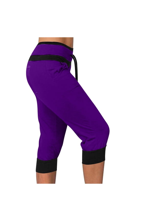 Women's Summer High Waist Seven Points Pants Trendy Cozy Drawstring Color Blocking Slim Fitting Yoga Gym Pants Purple XXL