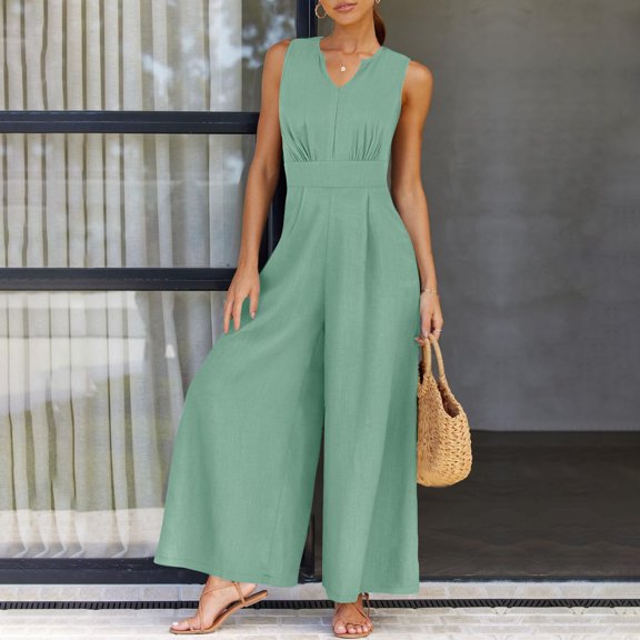 BRGZLK Women's Summer Jumpsuits Fashion Solid Casual Sleeveless Suspender Wide Leg Long Rompers Beach Outfits Green S