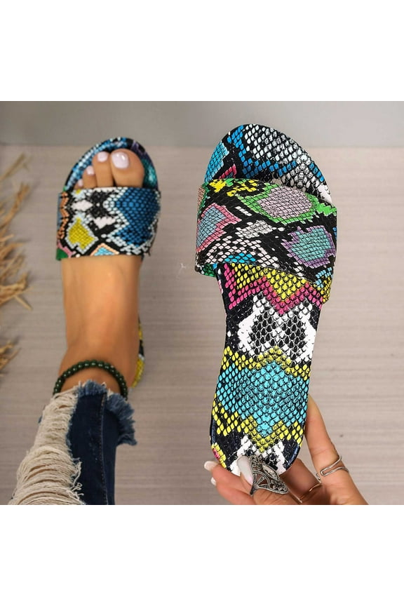 Women's Summer New Color Snake Print Round Head One Line Outside To Wear Casual Flat Slippers