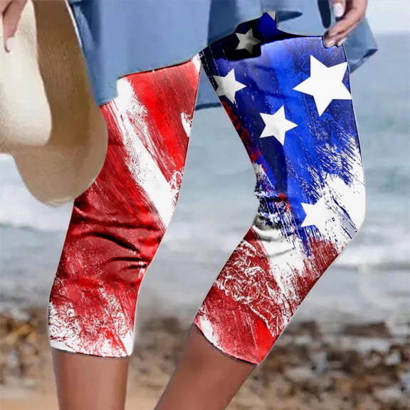 BRGZLK Women's Summer Pants Casual Elastic Waist Independence Day Printed Cropped Trousers With Pockets Blue L