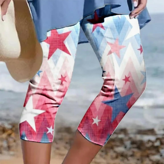 BRGZLK Women's Summer Pants Casual Elastic Waist Independence Day Printed Cropped Trousers With Pockets Light Blue XL