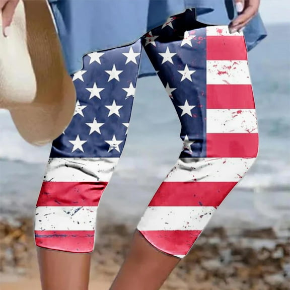 BRGZLK Women's Summer Pants Casual Elastic Waist Independence Day Printed Cropped Trousers With Pockets White M