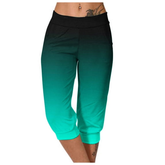 BRGZLK Women's Summer Pants Simple Gradient Print Solid Color Trendy Comfy Elastic Waist Seven Points Pants with Pocket Mint Green XL