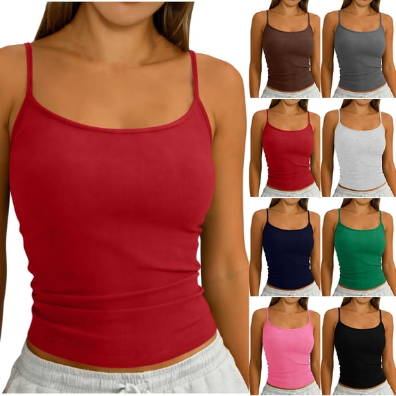 BRGZLK Women's Summer Solid Color Sleeveless Knitted Ribbed Spaghetti Strap Fashion Casual Tank Top Basic Solid Camisole Baselayer Tees
