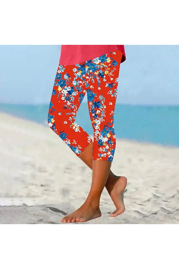 Women's Summer Sweatpants High Waist Landscape Botanical Summer Print Slim Base Layer Versatile Seven Points Pants with Pockets B L