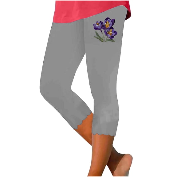 BRGZLK Women's Summer Sweatpants High Waist Landscape Botanical Summer Print Slim Base Layer Versatile Seven Points Pants with Pockets Gray XXL