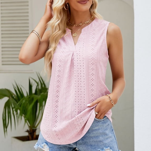 BRGZLK Women's Summer Tank Tops Fashion Solid V-Neck Vest Loose Fit Casual Hollow Pleated Sleeveless Top Pink XXL
