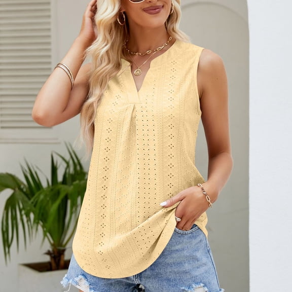BRGZLK Women's Summer Tank Tops Fashion Solid V-Neck Vest Loose Fit Casual Hollow Pleated Sleeveless Top Yellow XL