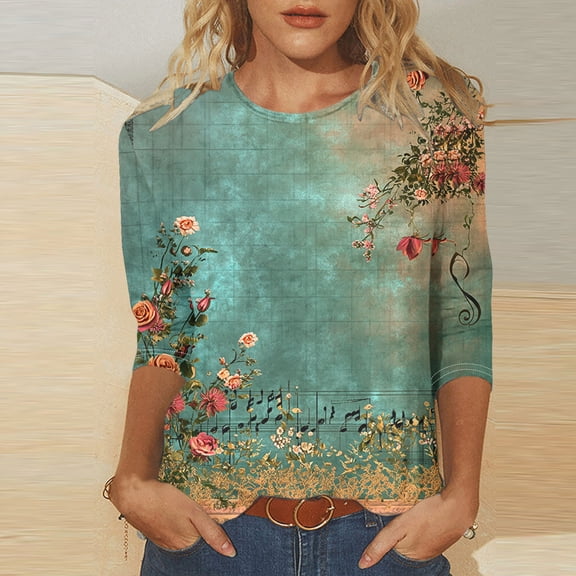 BRGZLK Women's Summer Tops Casual 3/4 Sleeve T Shirts Cute Printed Basic Tees Loose Fit Round Neck Pullover Top Multicolor XXL