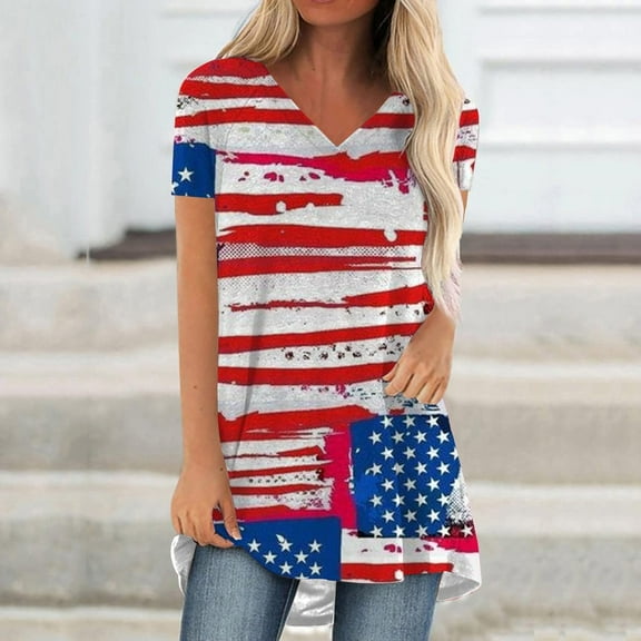 BRGZLK Women's Summer V Neck T-Shirts Fashion Independence Day Flag Printed Tee Loose Fit Short Sleeve Tunic Tops Red L