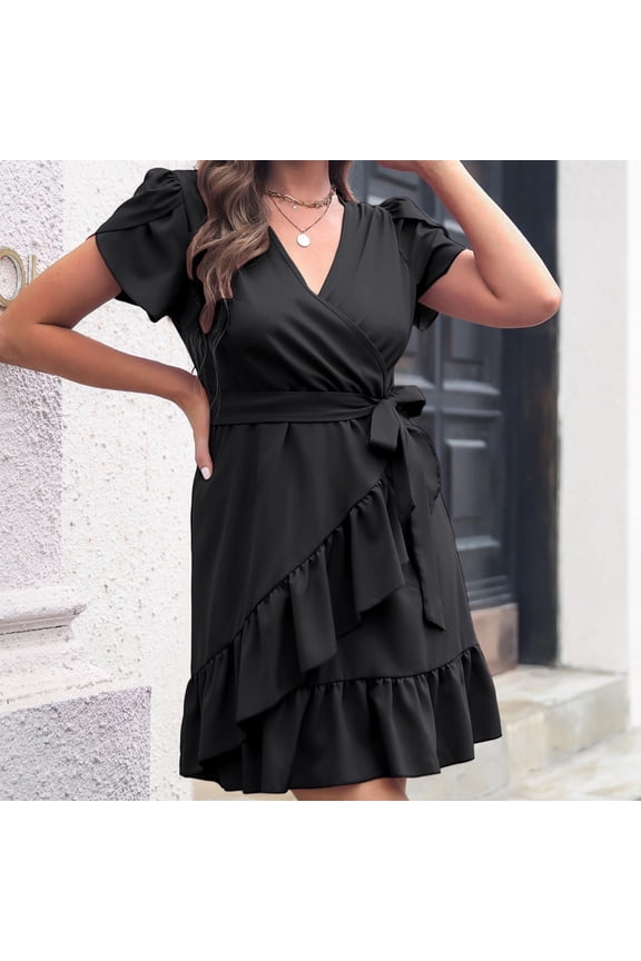 Women's Summer Wrap Dresses 2026 Solid Color Peplum Petal Short Sleeve Ruffle V Neck Boho Mini Sun Dresses Beach Vacation Sundress with Belt Black M