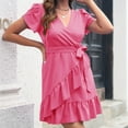 thumbnail image 1 of BRGZLK Women's Summer Wrap Dresses 2026 Solid Color Peplum Petal Short Sleeve Ruffle V Neck Boho Mini Sun Dresses Beach Vacation Sundress with Belt Hot Pink M, 1 of 5