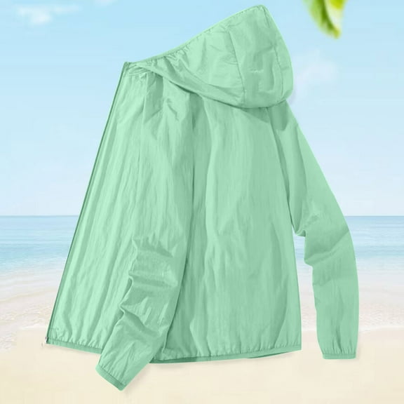 BRGZLK Women's Sunscreen Long Sleeved Jackets Trendy Solid Color Full-Zip Casual Lightweight Breathable Summer Outwear with Hood Green XXL